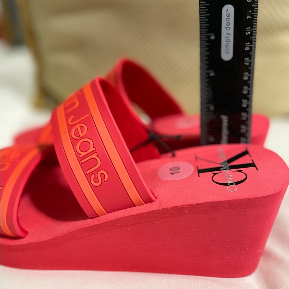 Calvin Klein Logo Strap Wedge Sandal Red and Orange - Picture 6 of 11